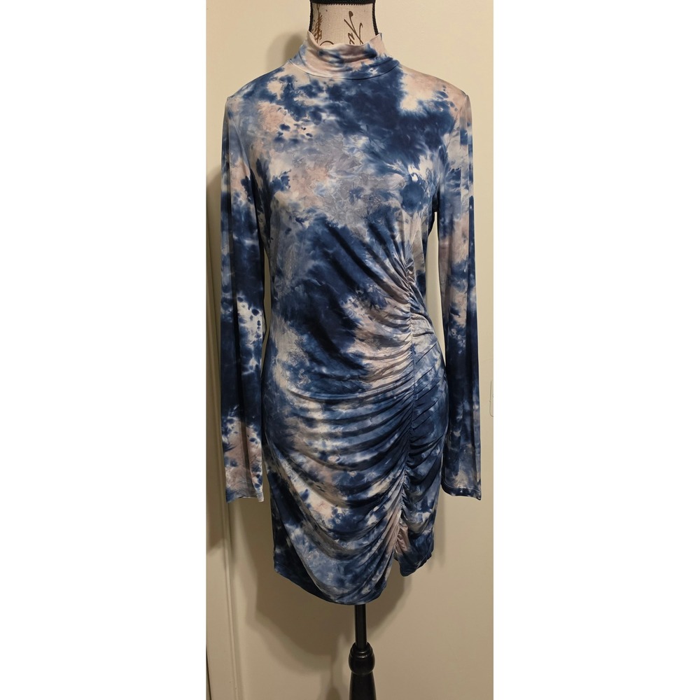 YFB Young Fabulous & Broke 'Lena' Blue Tie Dye Mock Neck Ruched Mini Dress Sz M